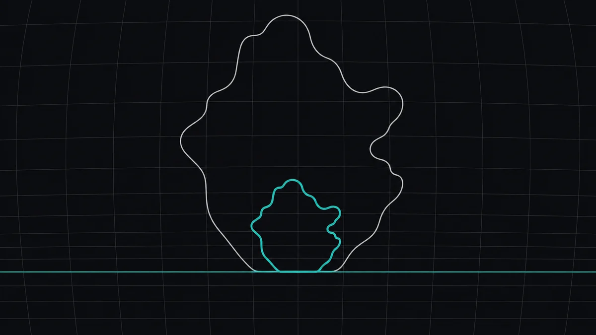 An abstract line drawing: two outlines of the same landmass overlaid, one stretched tall towards the top of the frame in pale grey, one compact and drawn in teal, with a horizontal rule across the lower third of the frame standing for the equator.