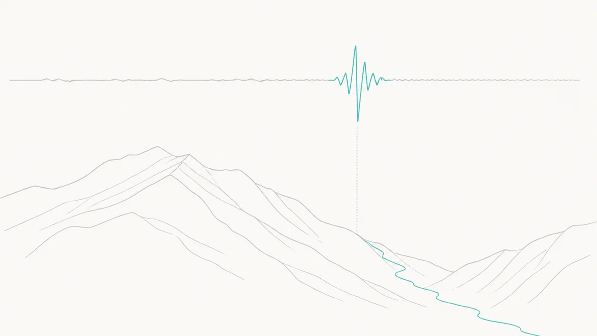 An abstract line drawing: a long flat seismogram trace across the top of the frame that breaks into one large excursion, drawn in teal, with a simplified mountain ridge and a narrow valley below, a single teal line running down the valley from the point of the excursion.